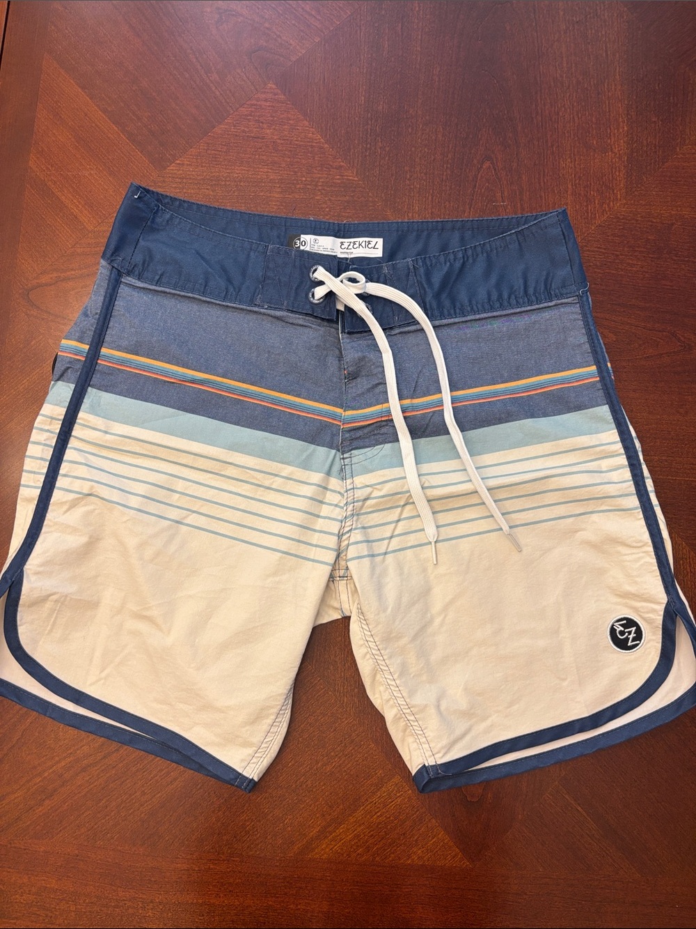Men's Blue and Cream Striped Swim Trunks